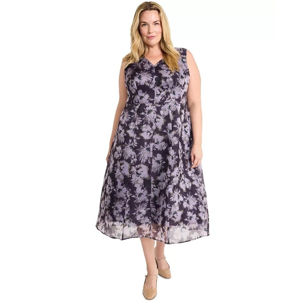 Maggy London Plus Size 22W Floral Organza Sleeveless Jacquard A-Line Midi Dress